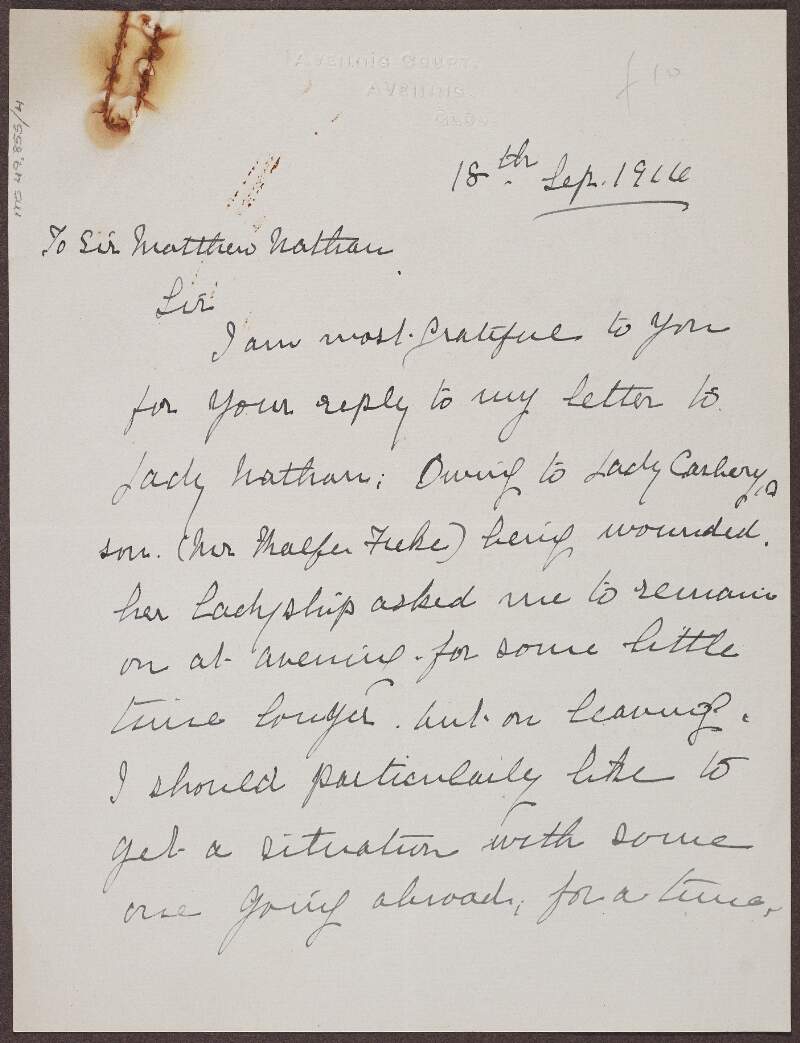 Letter to Sir Matthew Nathan from "M. Hall" concerning employment,