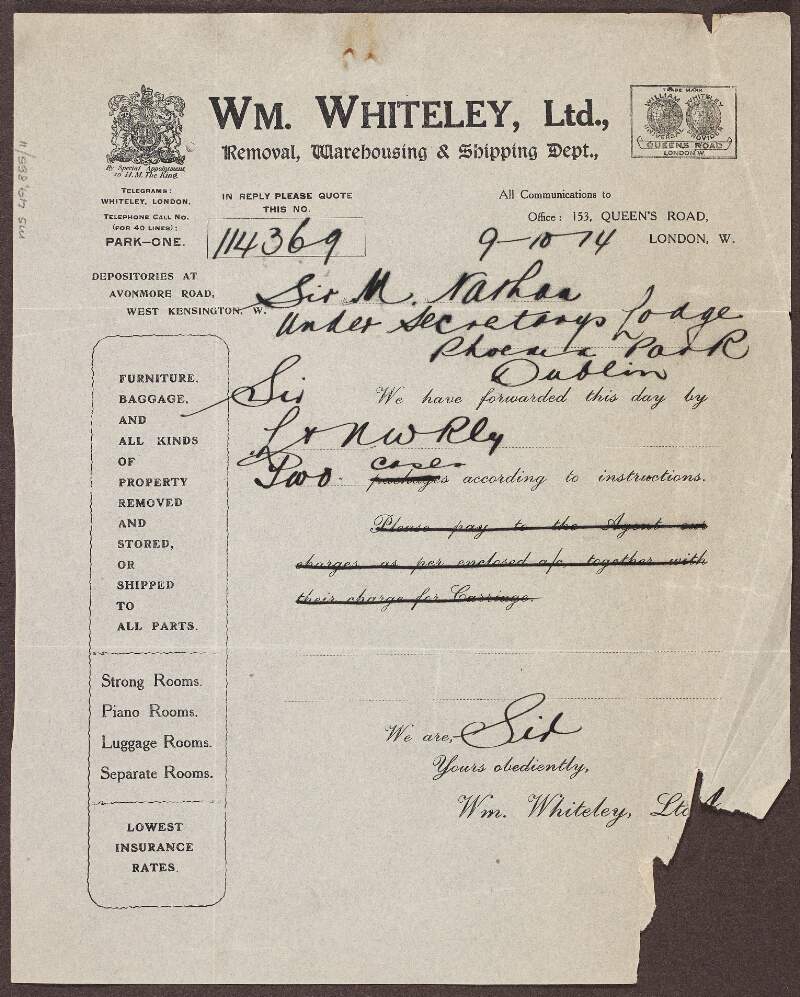Letter to Sir Matthew Nathan from William Whiteley Ltd. concerning the forwarding of two cases on the London and Northwest Railway,