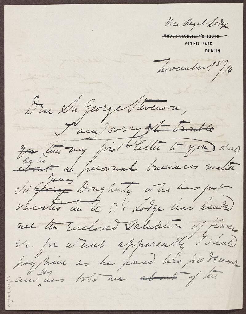 Letter to Sir George Stevenson from Sir Matthew Nathan,