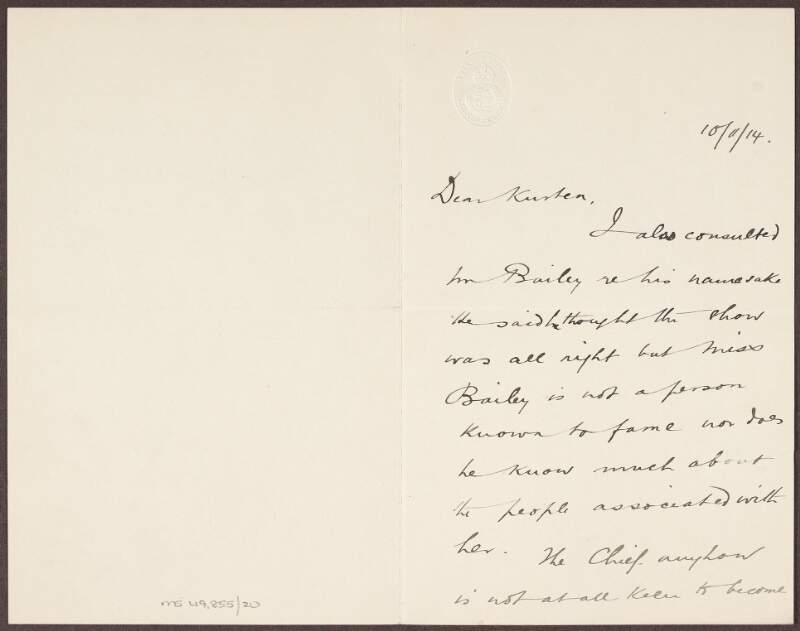 Letter to "Kurten" from A. P. Magill concerning "Miss Bailey",