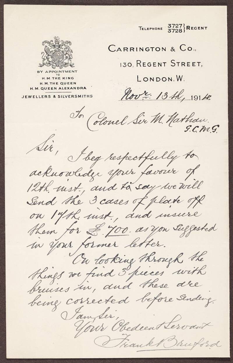 Letter to Sir Matthew Nathan from Frank Bruford concerning removal of cases,