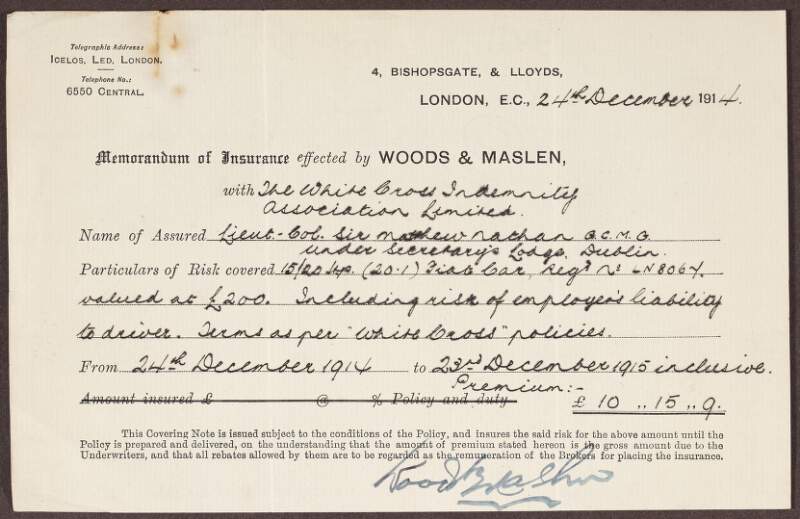 Memorandum of insurance to the value of £10.15.9 for Sir Matthew Nathan,