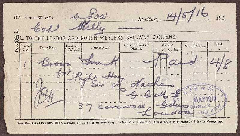 Invoice for payment to carry Sir Matthew Nathan's trunk on the London and North Western Railway,
