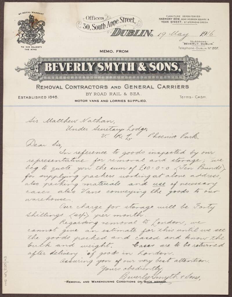 Letter to Sir Matthew Nathan from Beverly Smyth & Sons concerning the removal and storage of goods to London,