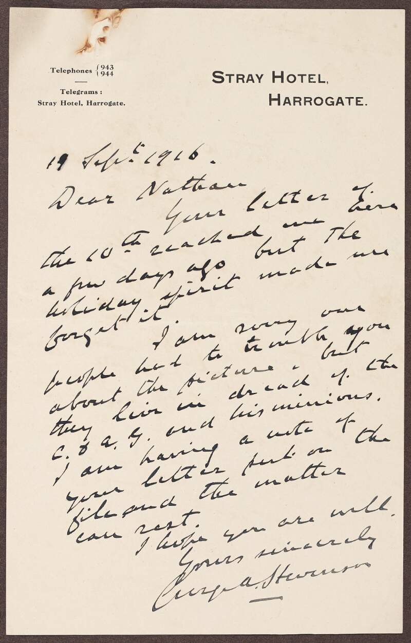 Letter to Sir Matthew Nathan from Sir George Stevenson apologising for troubling him about a missing picture from the Under Secretary's Lodge,