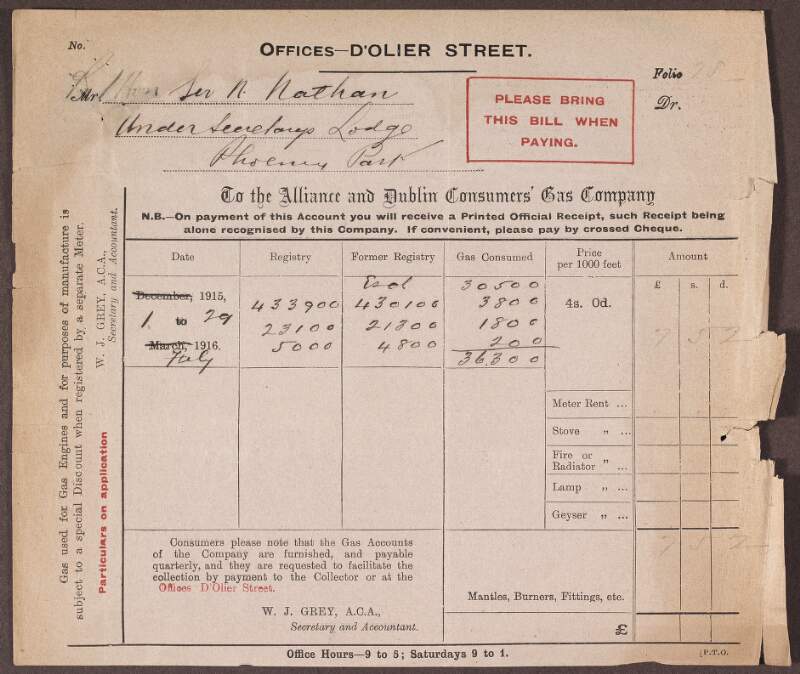 Receipt for gas from the Alliance and Dublin Consumers' Gas Company for the Under Secretary's Lodge,