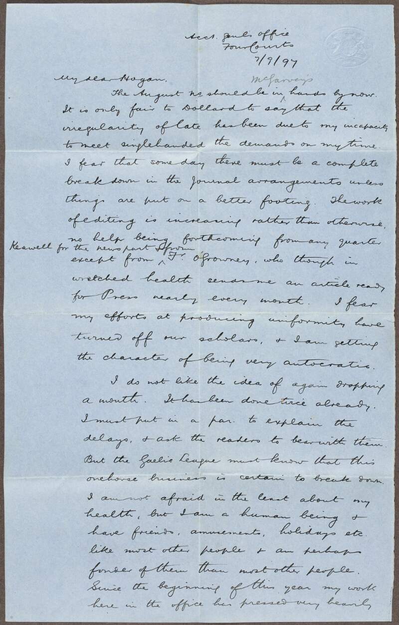 Letter from Eoin Mac Neill to Seaghan Ó hÓgáin regarding the 'Gaelic Journal' and Mac Neill's inability to meet deadlines due to work pressures at the Four Courts,