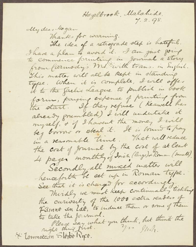Letter from Eoin Mac Neill to Seaghan Ó hÓgáin about printing a story in the 'Gaelic Journal' and enticing readers of 'Fáinne an Lae' to the journal,
