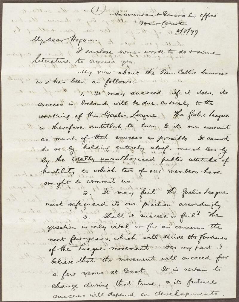 Letter from Eoin Mac Neill to Seaghan Ó hÓgáin about "the Pan-Celtic businness" and its impact on the Gaelic League,