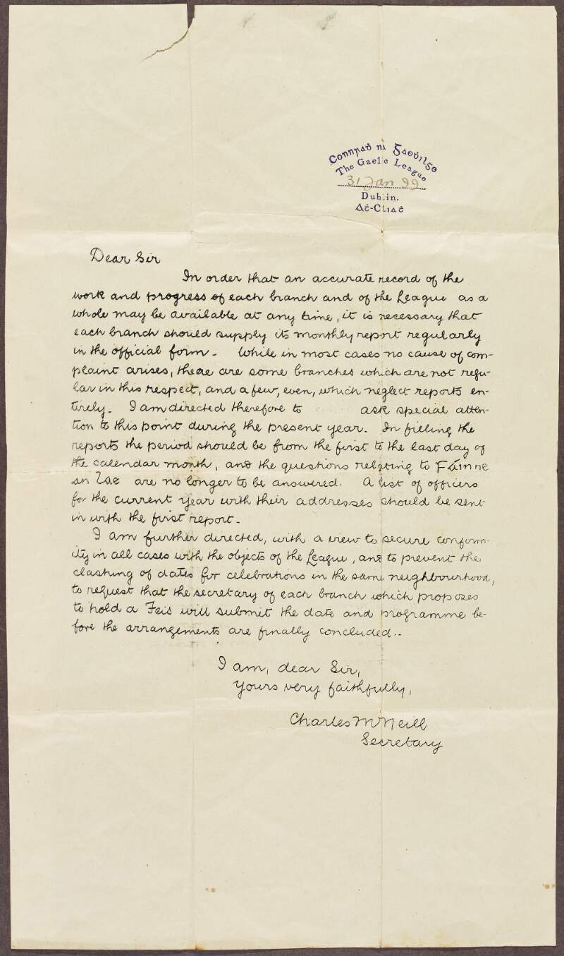Circular letter from Charles Mac Neill, Secretary of the Gaelic League, requesting the various brances of the league to submit monthly reports regularly,
