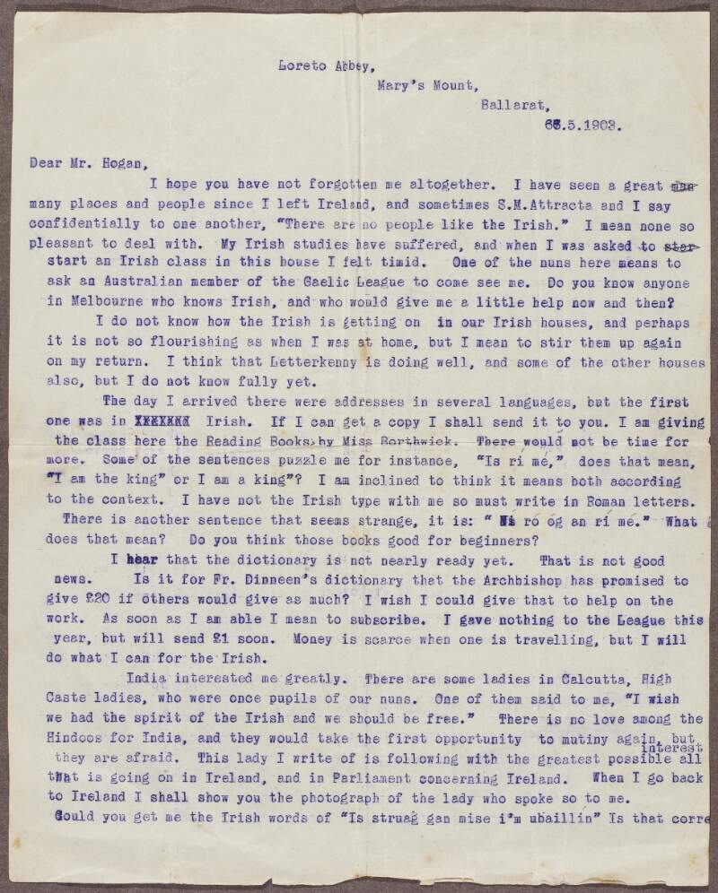 Letter from Father Timothy Corcoran, Loreto Abbey, Mary's Mount, Ballarat, Australia, to Seaghan Ó hÓgáin about his life in Australia,
