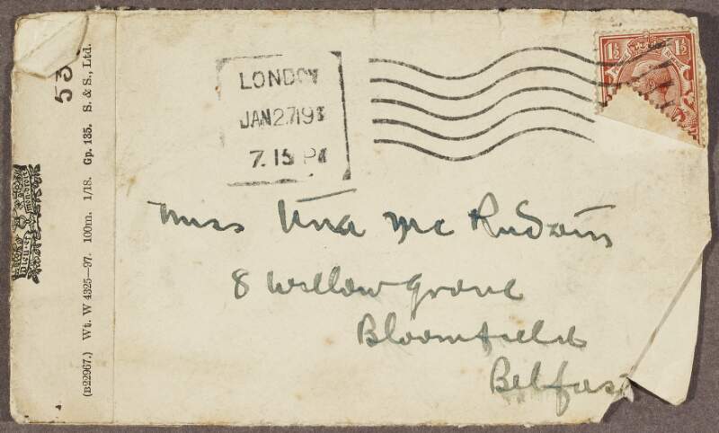 Envelope from Seán MacDiarmada addressed to Una McCrudden, with envelope with inscription "S Mac D",
