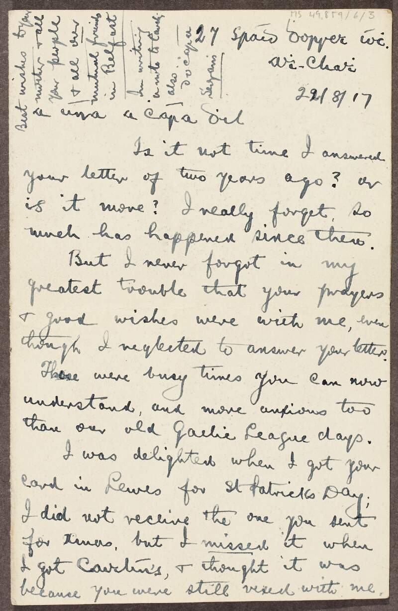 Letter from [Joseph McGuinness?] to Una McCrudden about his imprisonment in Lewes Gaol and his election as MP for South Longford in May 1917,