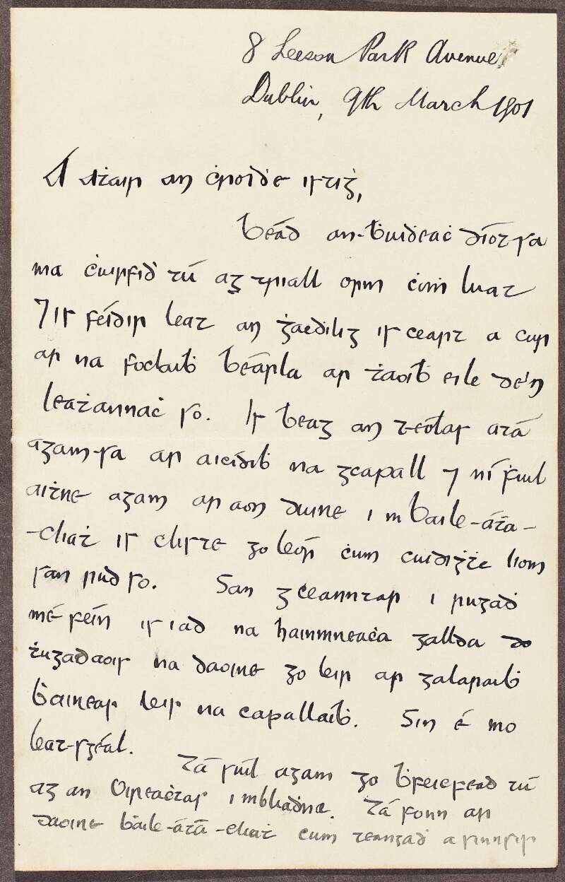 Letter from Peadar Ua Laoghaire to Seaghan Ó hÓgáin regarding Irish words,