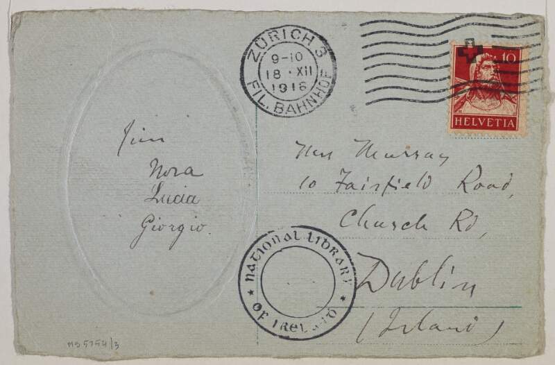Christmas card from James Joyce in Zurich, to his aunt, Josephine Murray,