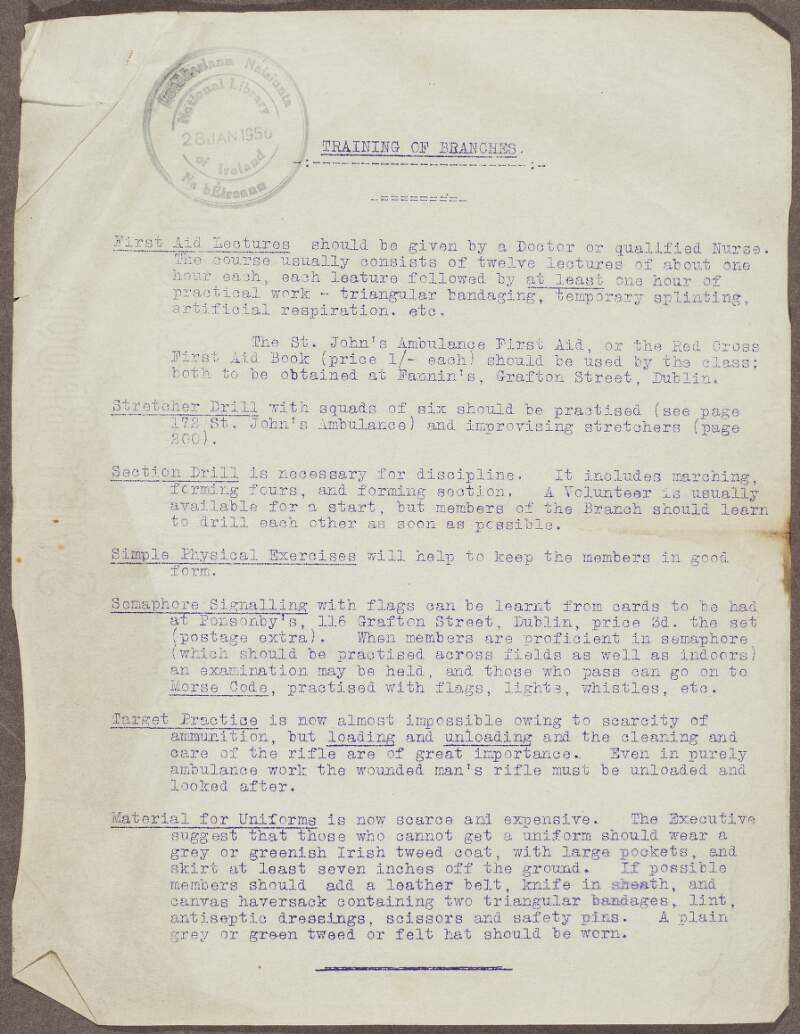 Circular "Training of Branches" issued by Cumann na mBan,