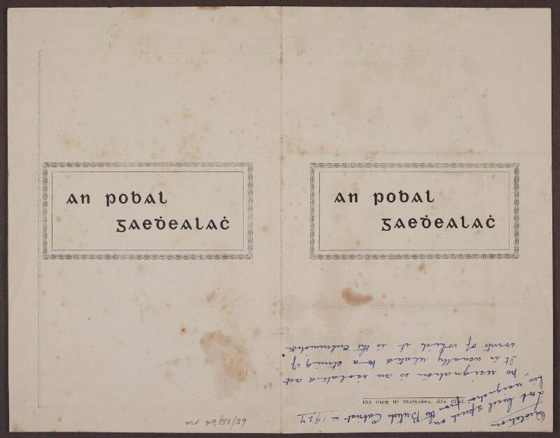 III.v. Handbilll issued by An Pobal Gaedhealach in Clontarf, relating to Irish language courses,