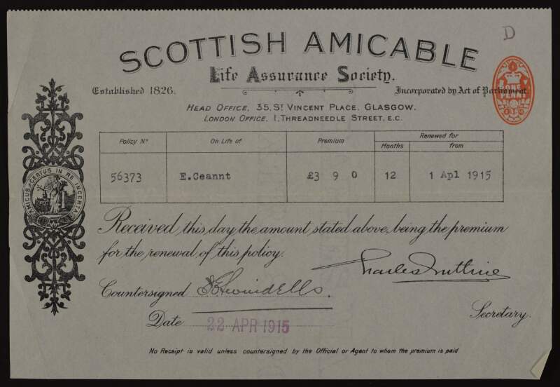 Two renewal certificate's for Éamonn Ceannt's life assurance,