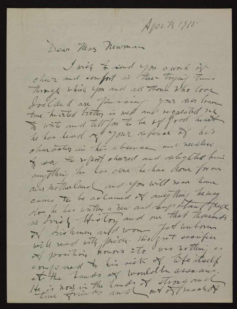 Copy letter from Joseph McGarrity to Agnes Newman about her brother Roger Casement,