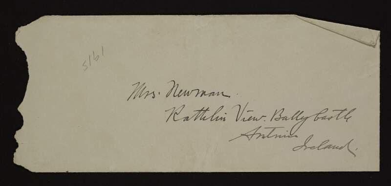 Envelope addressed to "Mrs. Newman / Rathlin View. Ballycastle / Antrim / Ireland",