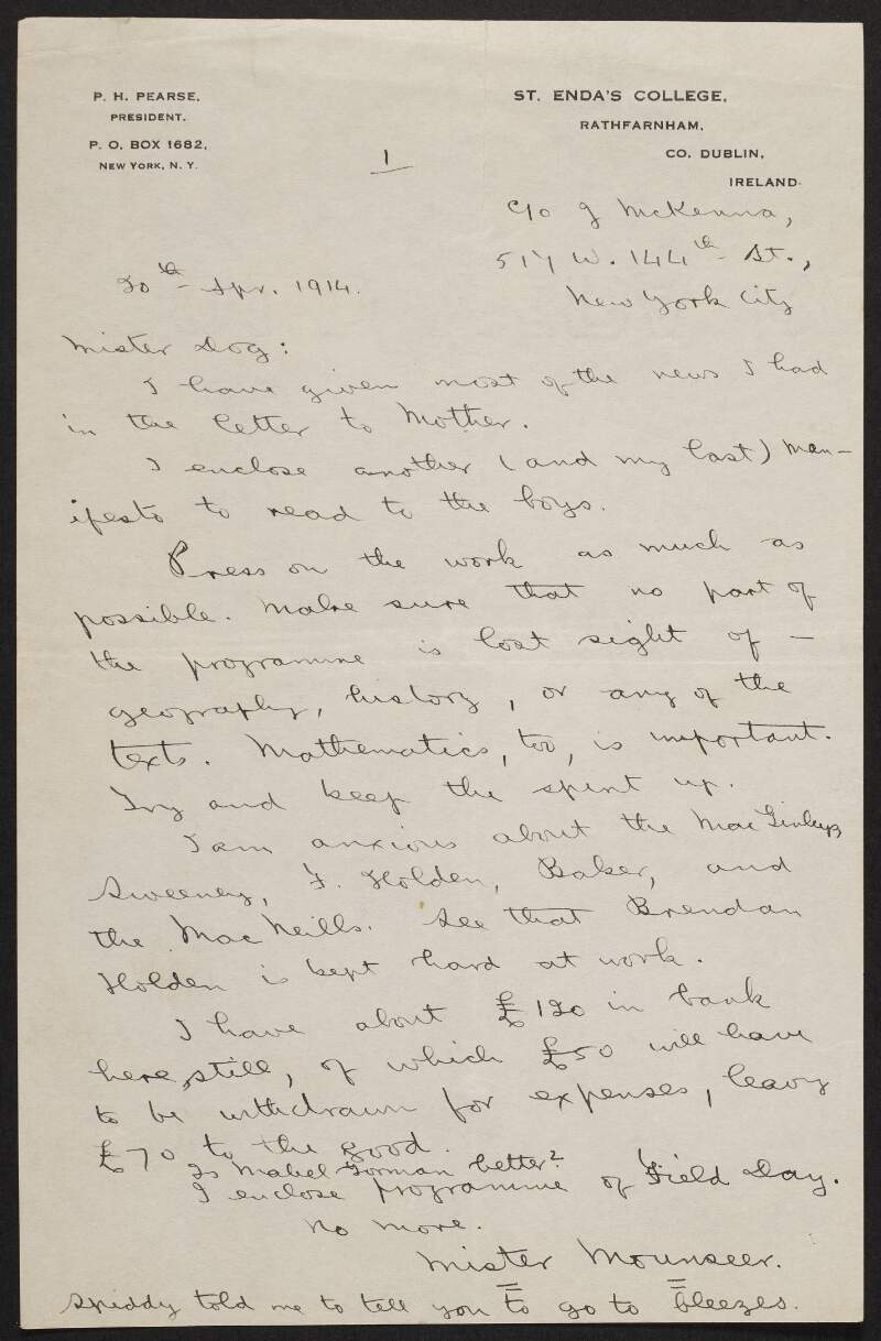 Letter from Patrick Pearse, New York to his brother Willie Pearse giving him instructions for the teaching of various subjects in St. Enda's School,