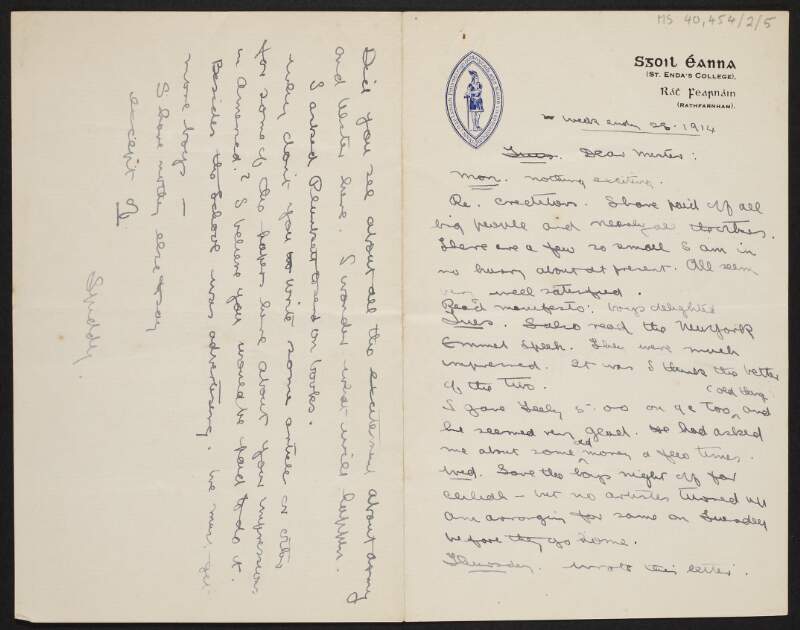 Letter from Willie Pearse, St. Enda's School, to his brother Patrick Pearse in New York, giving him various news from home and updates on their financial situation,