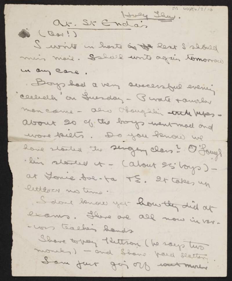 Letter from Willie Pearse, St. Enda's School, to his brother Patrick Pearse in New York, about the school,
