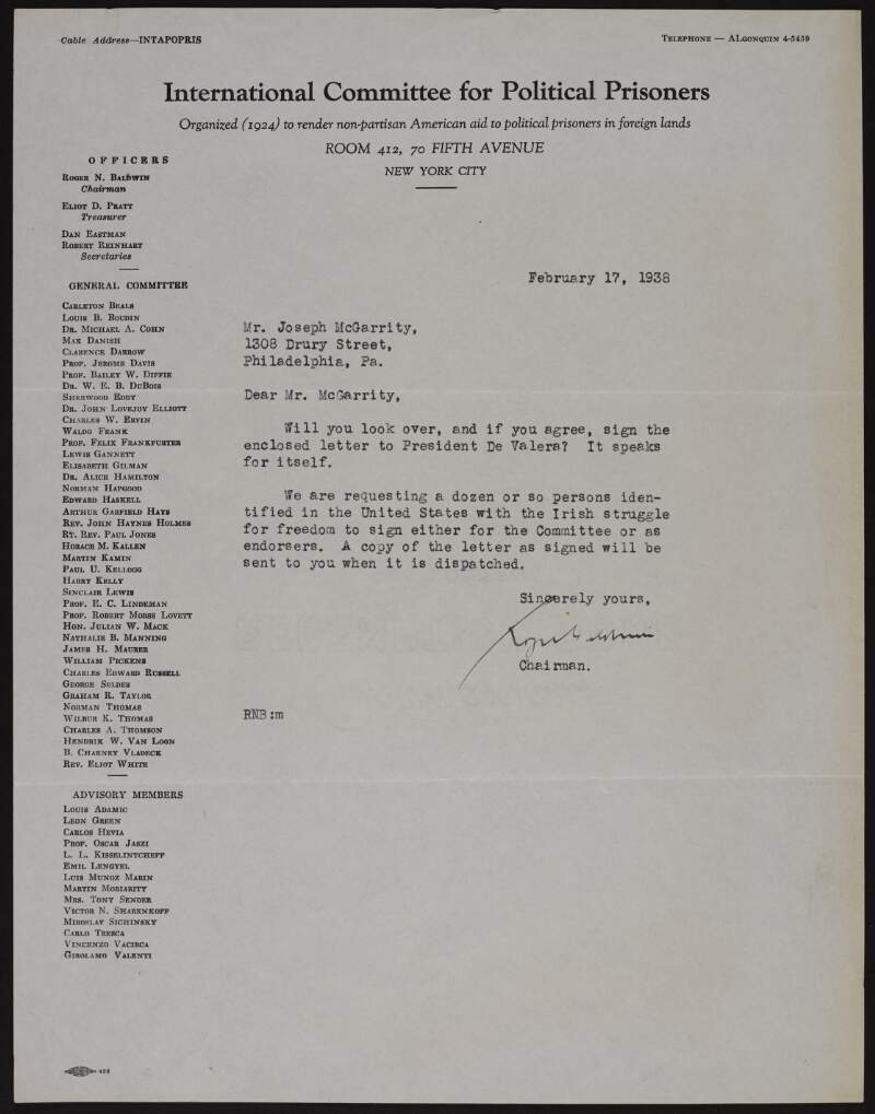 Letter from Roger N. Baldwin, Chairman of the International Committee for Political Prisoners, New York, to Joseph McGarrity, asking him to sign the enclosed letter to President De Valera,