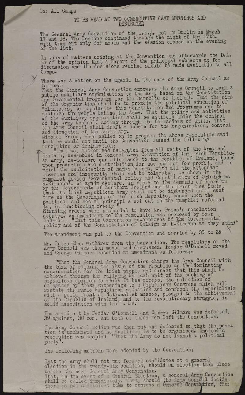 Fragment of circular "To all camps. To be read at two consecutive camp meetings and destroyed" issued by the Irish Republican Army,