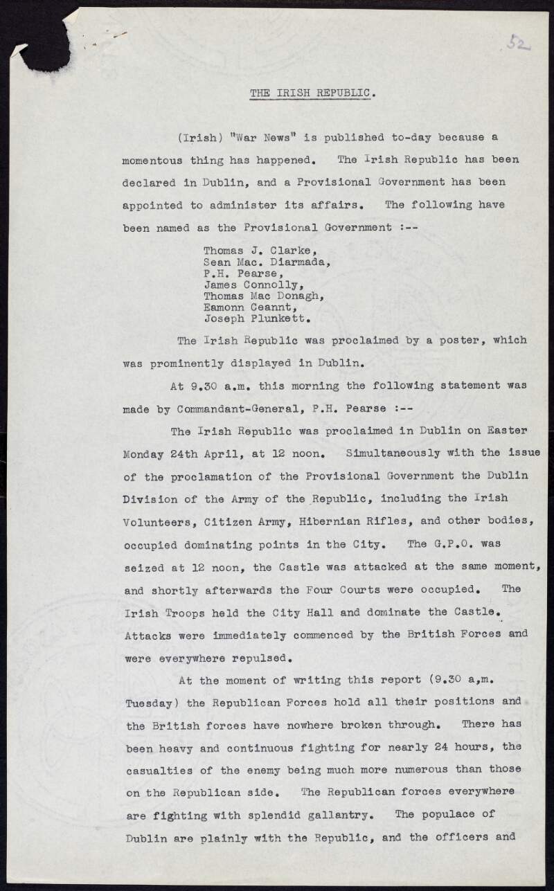 Typescript copy of order proclaiming the Irish Republic,