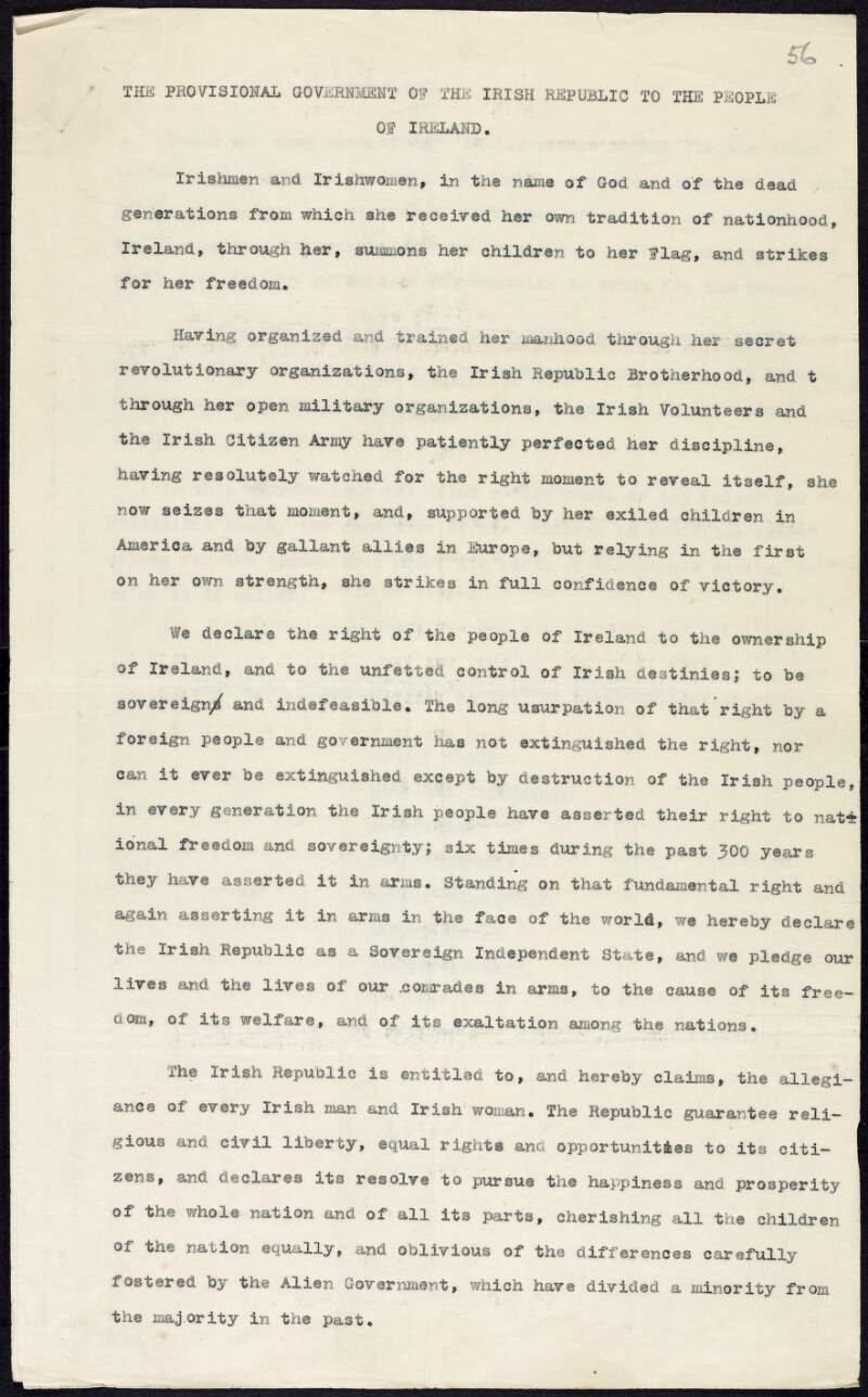 Typescript copy of the proclamation of the provisional government of the Irish Republic,