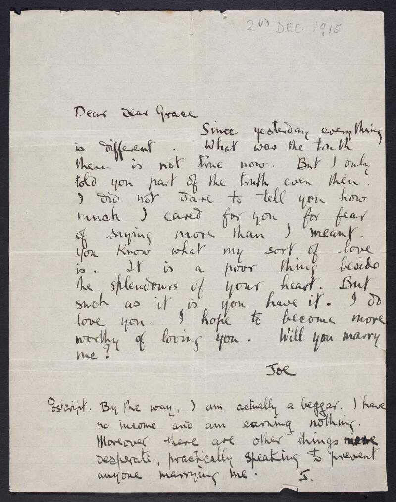 Letter from Joseph Mary Plunkett to Grace Gifford about how happy he is and how much he loves her, and asking her to tell him she also loves him,