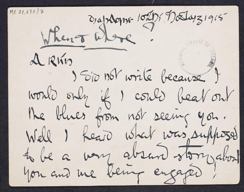 Card from Joseph Mary Plunkett to Grace Gifford, about how he is pretending to others that the story of their engagement is false,