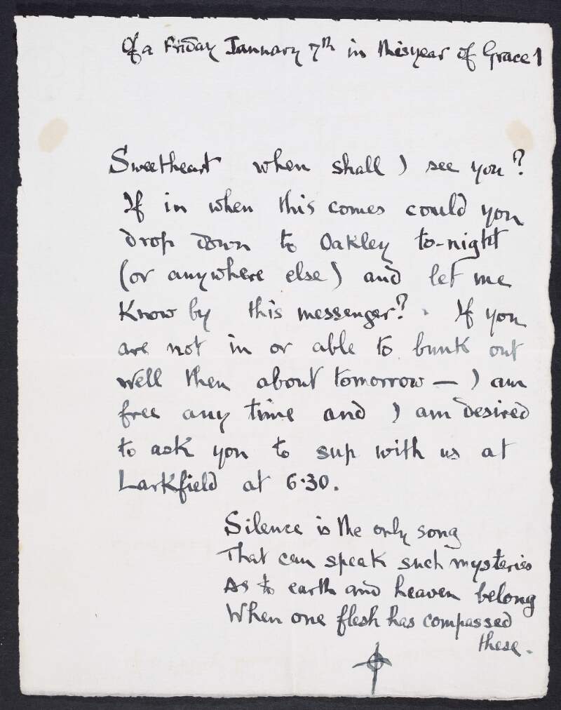 Letter from Joseph Mary Plunkett to Grace Gifford, talking about his exhausting day involving sub-committees,