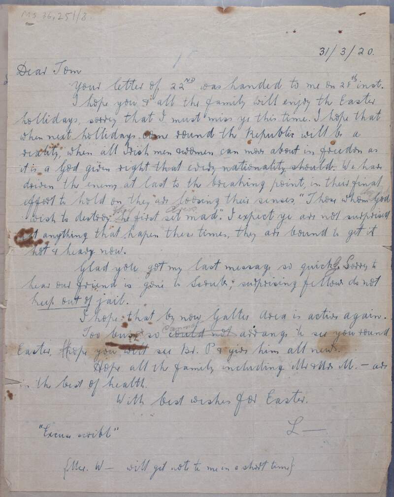 Letter from Liam Lynch to Tom Lynch referring to the progress of the War of Independence,