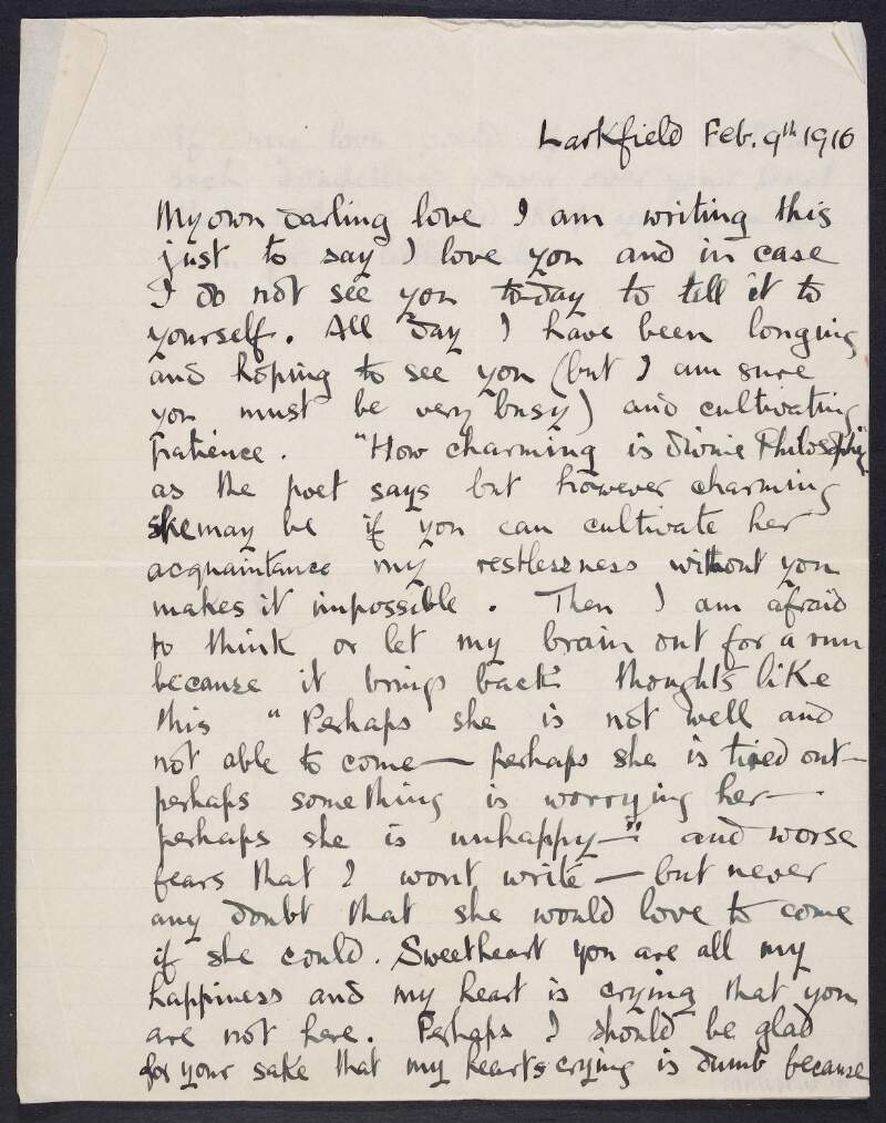 Letter from Joseph Mary Plunkett to Grace Gifford about how much he misses her and how he easily worries,