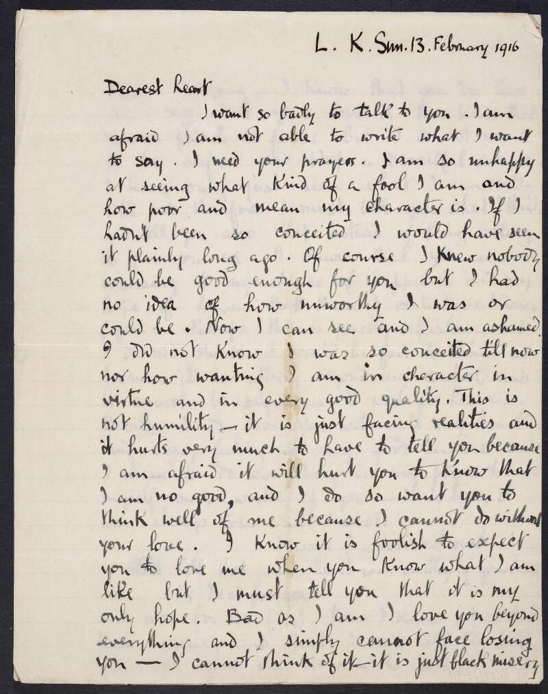 Letter from Joseph Mary Plunkett to Grace Gifford, bemoaning his mean character,