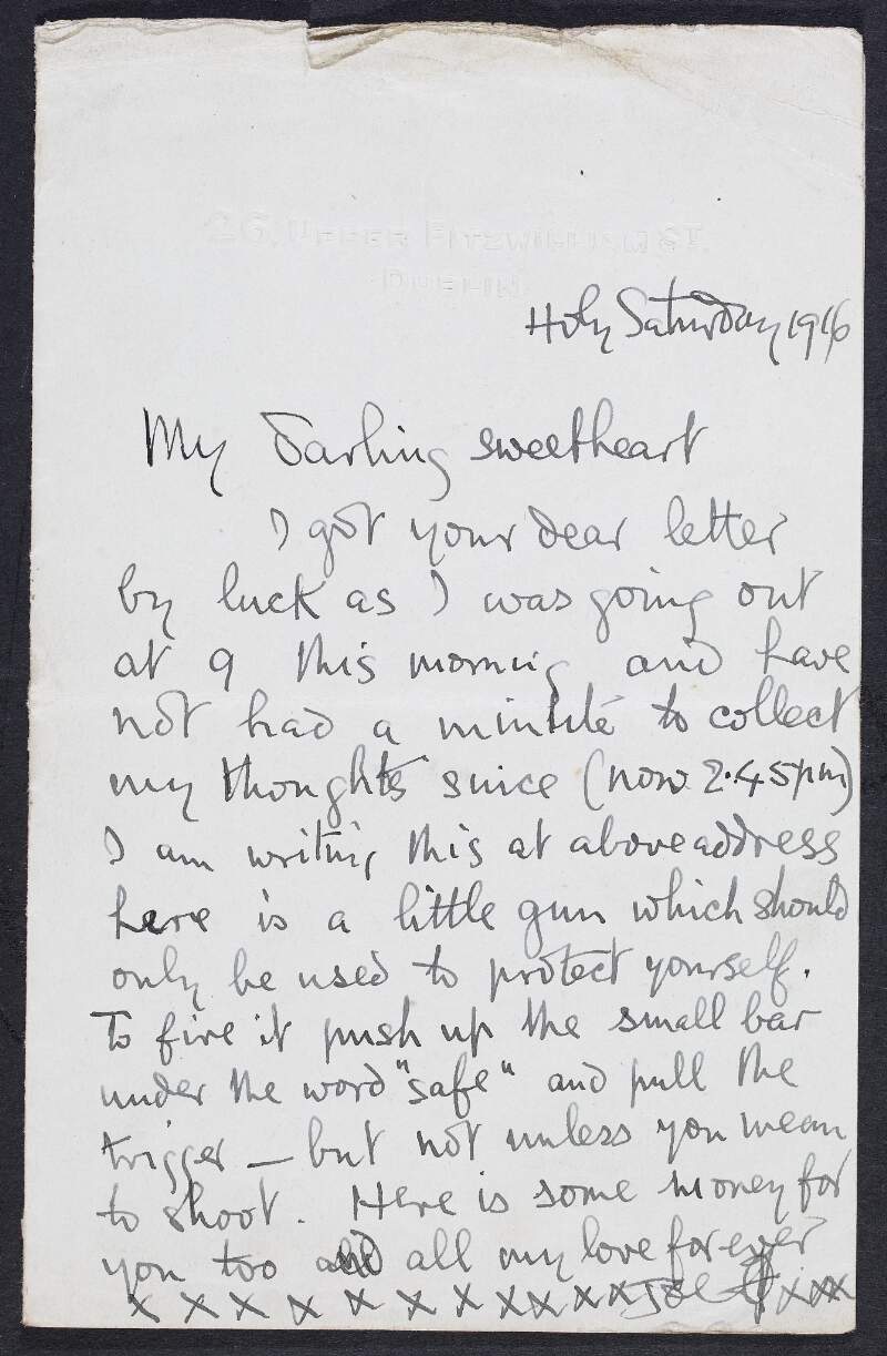 Letter from Joseph Mary Plunkett to Grace Gifford with instructions on how to use a gun he is giving her,