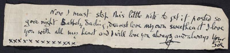 Fragment of a letter from Joseph Mary Plunkett to Grace Gifford, wishing her goodnight,