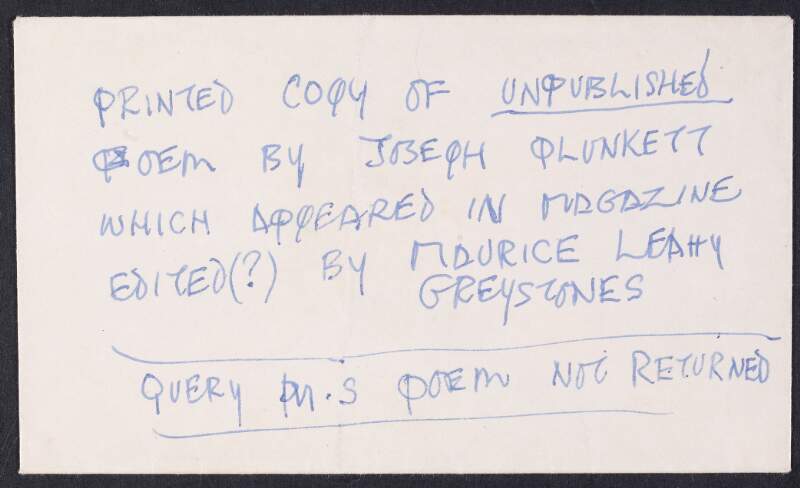 Copies, in the hand of Grace Plunkett, of an unpublished poem [addressed to her niece, Miss Maeve Donnelly],
