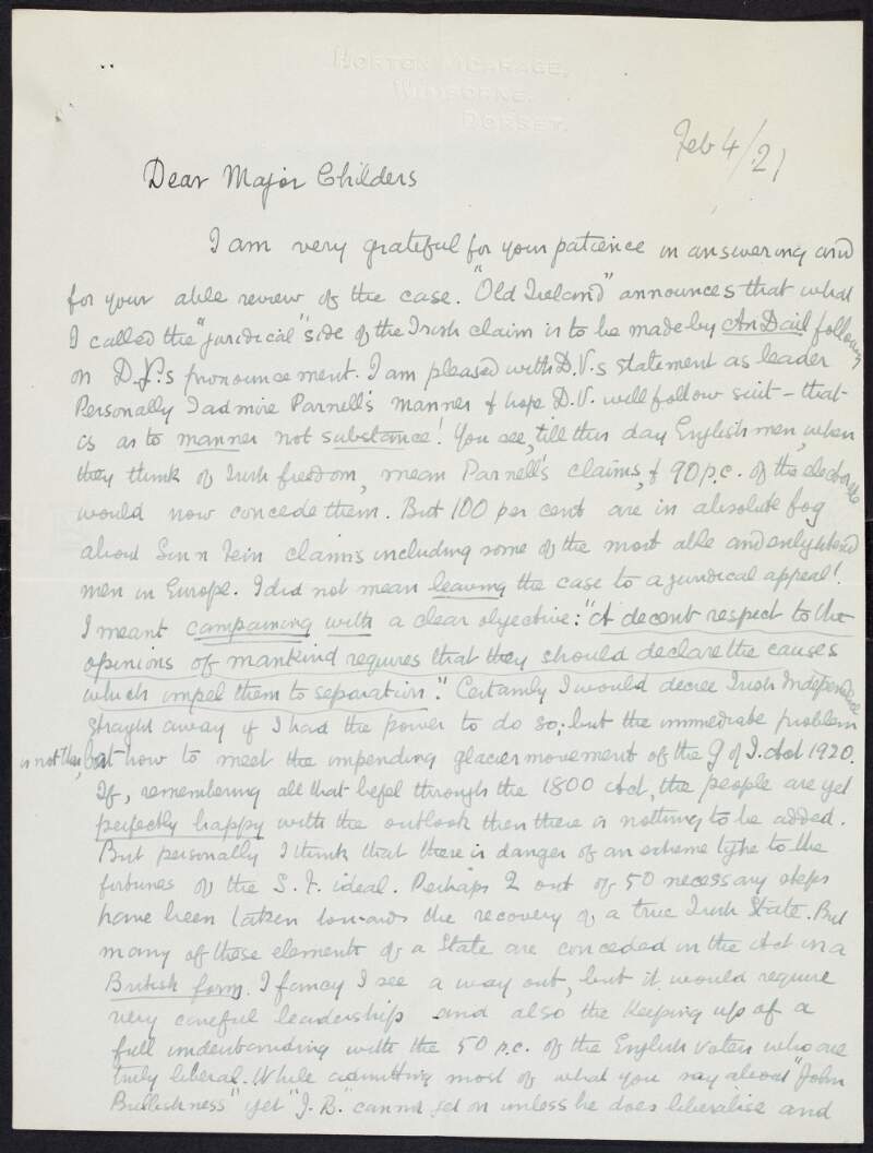 Letter from Richard de Bary to Erskine Childers, comparing Éamon de Valera to Charles Stewart Parnell, and with a list of plans for a new Irish state attached, titled: "The Building of the Irish State",