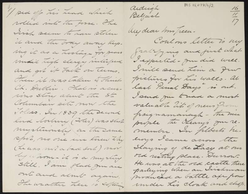 Letter from Francis Joseph Bigger to Alice Stopford Green regarding "de Lacy",