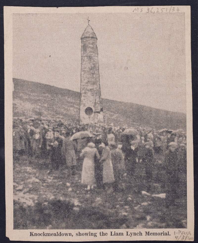 Newspaper cutting showing picture of Liam Lynch Memorial, Knocmealdown ,