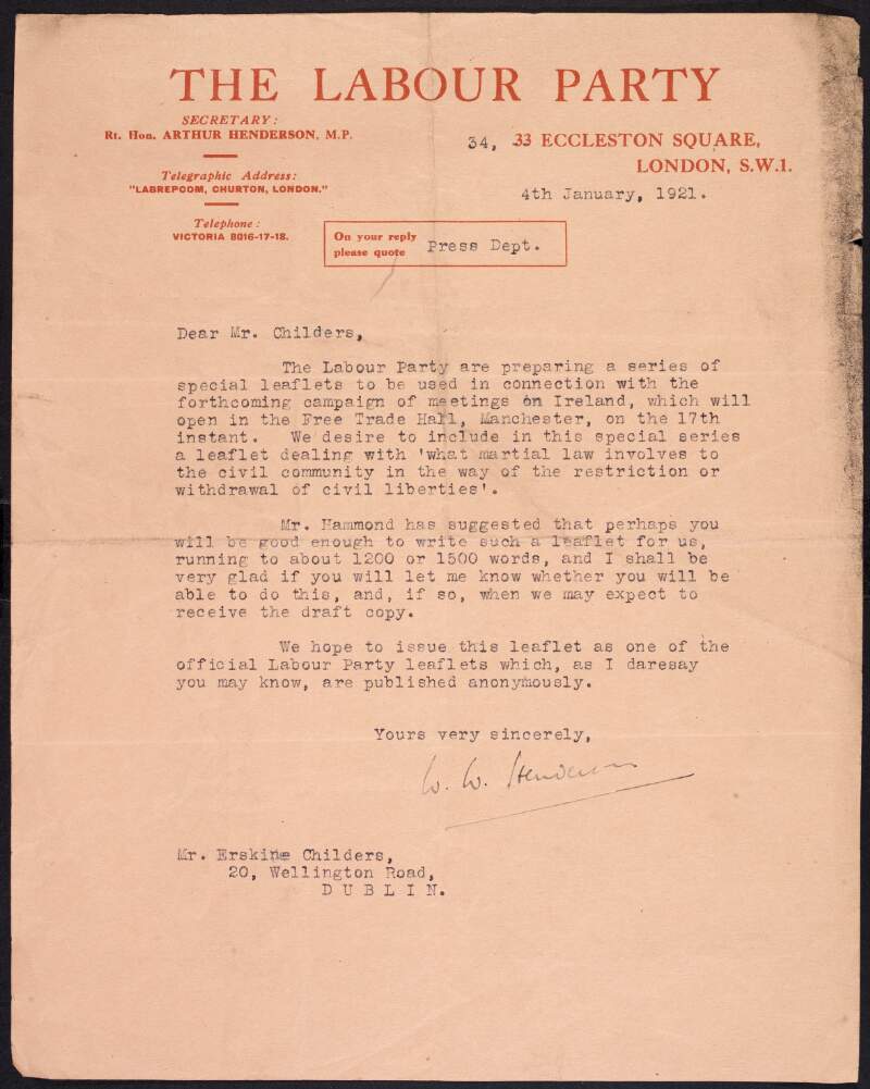 Letter from the British Labour Party to Erskine Childers about a series of leaflets to be used in connection with the forthcoming campaign of meetings on Ireland,