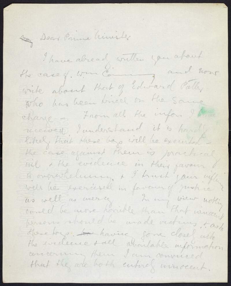 Rough draft of a letter [from Erskine Childers] to the Prime Minister [David Lloyd George], pleading for the case of two men arrested for a shooting despite "the evidence in their favour being overwhelming",
