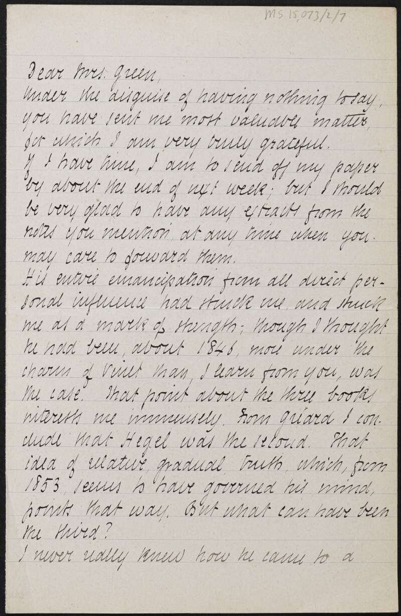 Letter from John Dalberg-Acton to Alice Stopford Green regarding books which interest him,