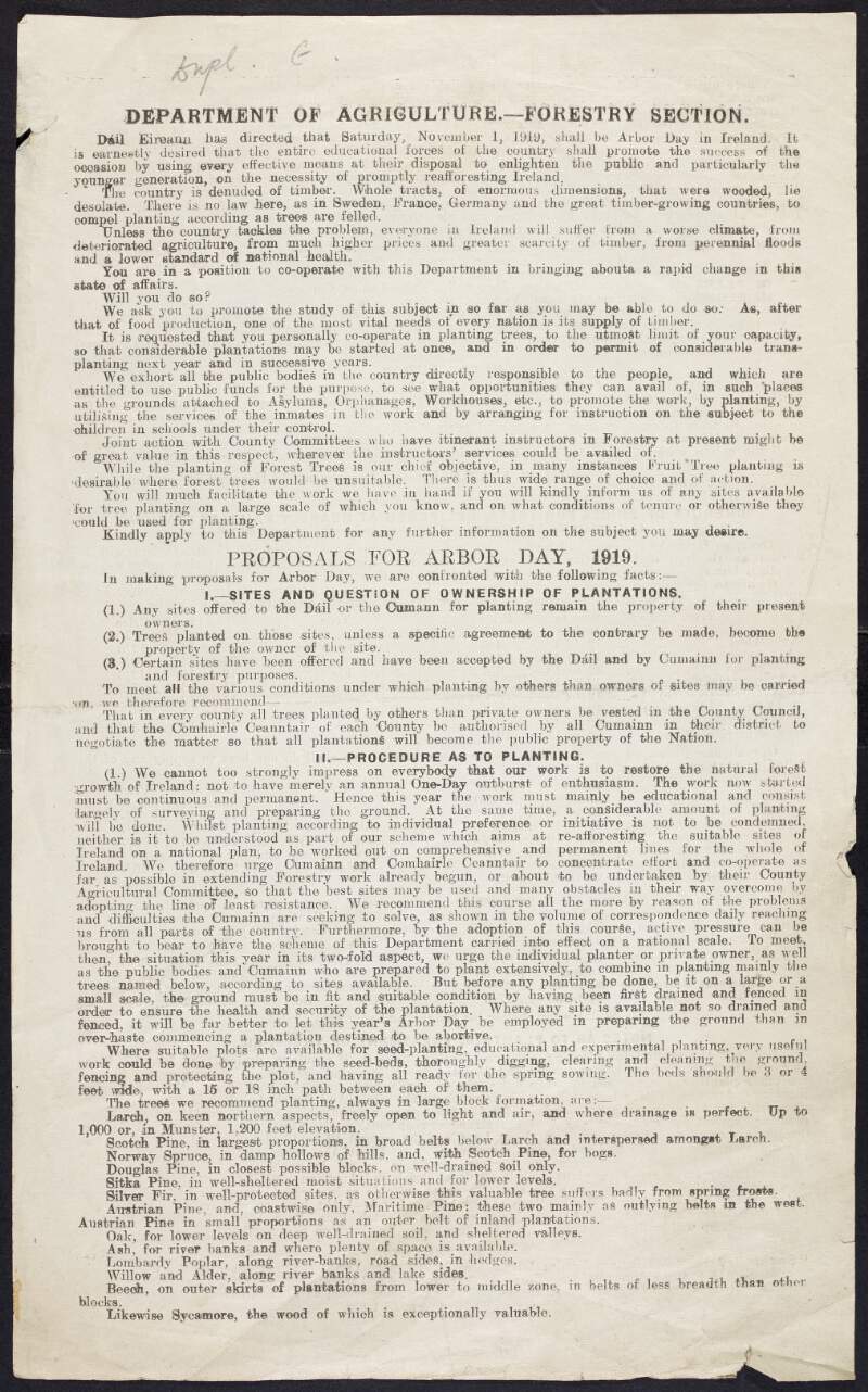 Circular from the Department of Agriculture, stating that the Dáil Eireann has directed that 1st November 1919 should be Arbor Day for Ireland,