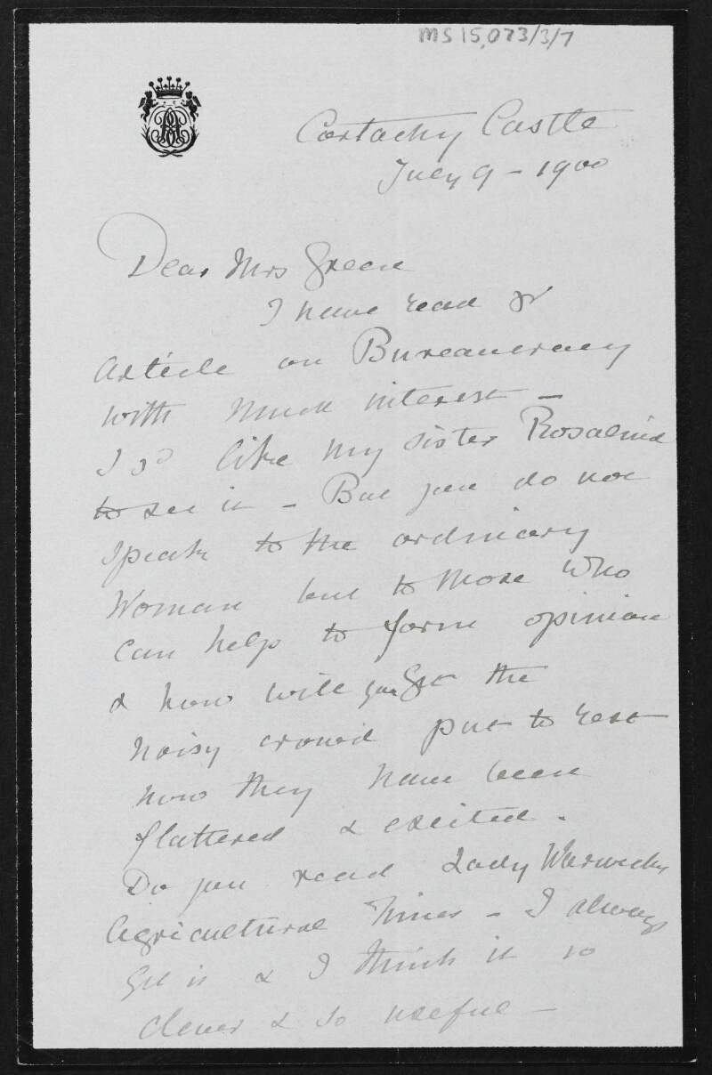 Letter from Henrietta Blanche Ogilvy, Countess of Airlie to Alice Stopford Green regarding the burial of her son, her grieving daughter-in-law and Green's article on bureaucracy,