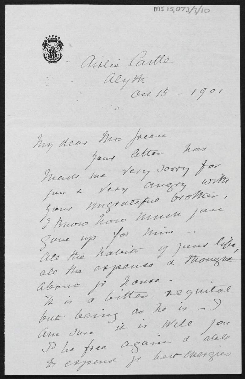 Letter from Henrietta Blanche Ogilvy, Countess of Airlie to Alice Stopford Green regarding Green's brother, Ireland and English society,