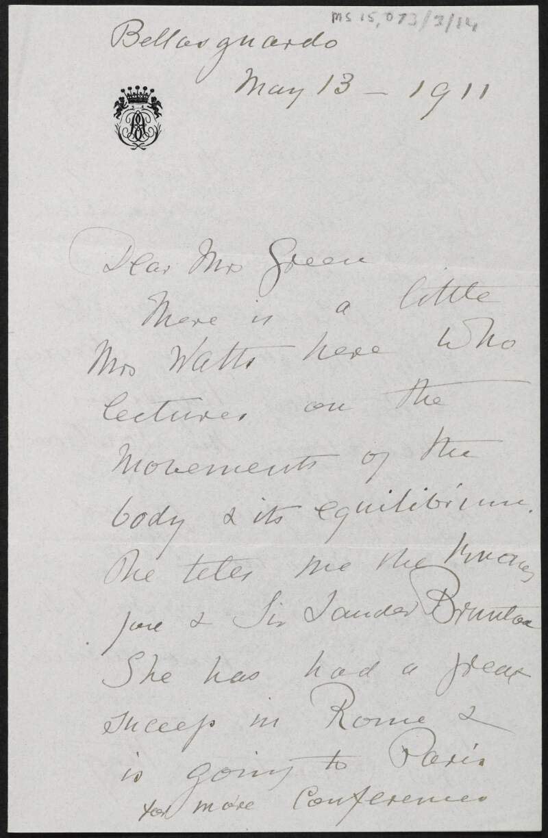 Letter from Henrietta Blanche Ogilvy, Countess of Airlie, Florence, Italy, to Alice Stopford Green regarding David Lloyd George's plans and reform of the education system,
